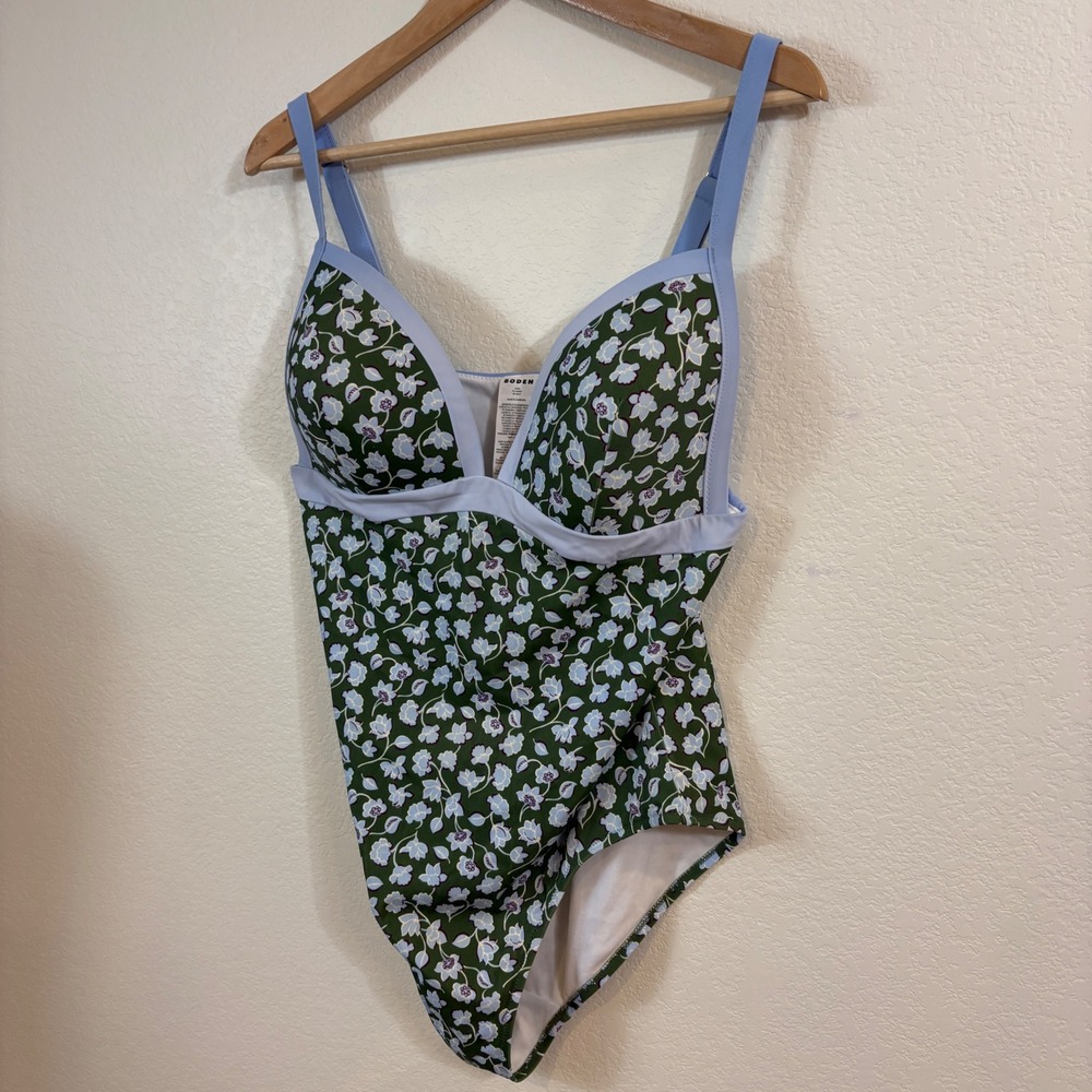 Boden One Piece Swimsuit Women 14 Green Floral V-Neck Adjustable Straps Preppy - Picture 5 of 8